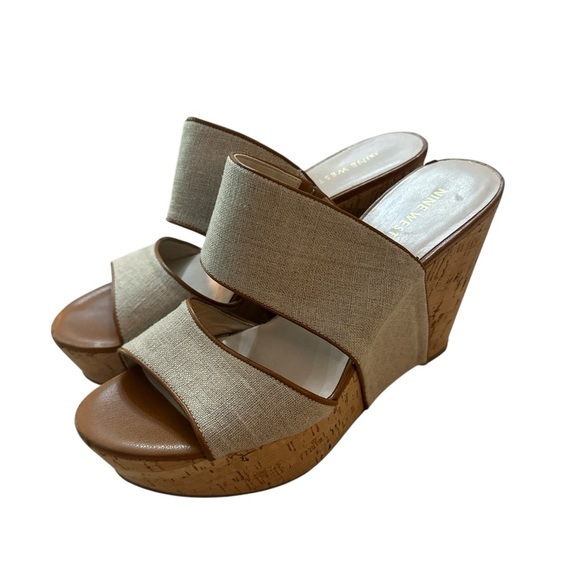EUC Nine West Women’s Tan Linen Wedge Sandals with Slip-On Design Size 9.5 - Picture 1 of 5
